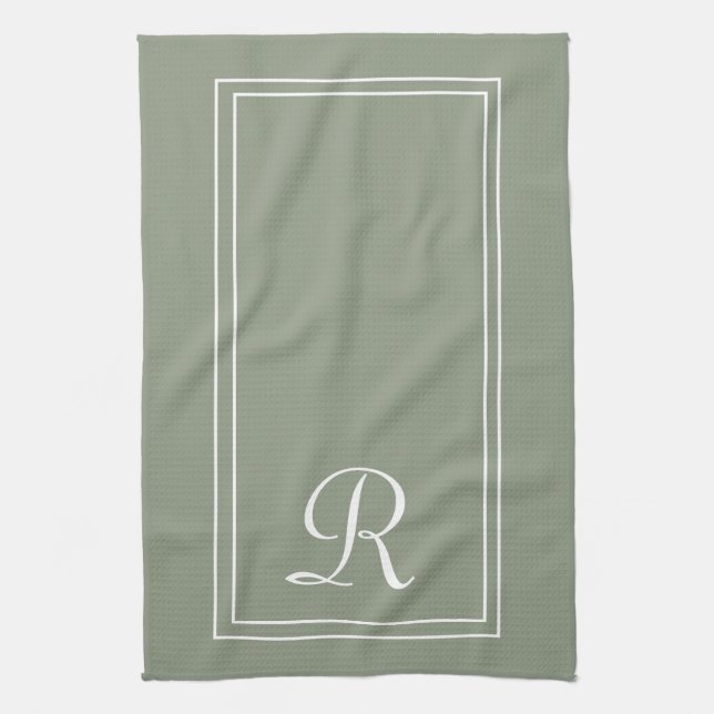 Modern Sage & White Stripe Monogram Personalised  Tea Towel (Vertical)