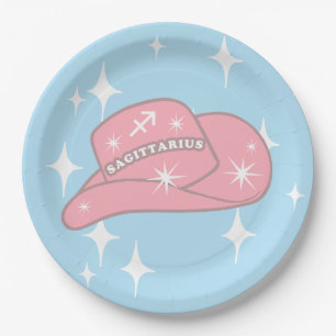 Modern Sagittarius Zodiac Cowgirl Hat Blue Paper Plate