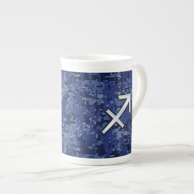 Modern Sagittarius Zodiac Sign Navy Digital Camo Bone China Mug (Front Right)