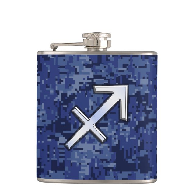 Modern Sagittarius Zodiac Sign Navy Digital Camo Hip Flask (Front)