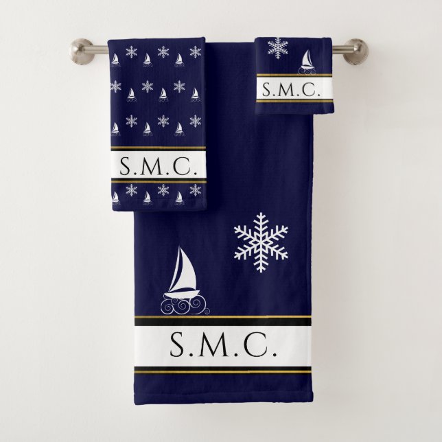 Modern Sailboat Snowflake  Navy Blue White  Bath Towel Set (Insitu)
