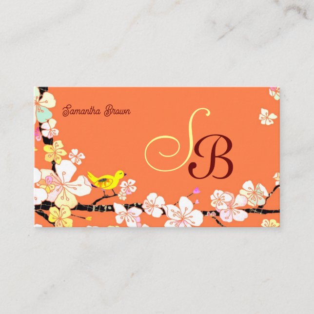 Modern Sakura Bird Monogram Business Card (Front)