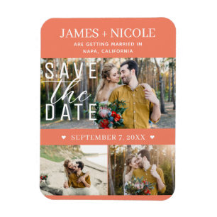 Modern Salmon Pink Save the Date Wedding 3 Photos Magnet