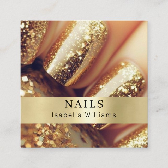 Modern salon gold glitter nails square business card (Front)
