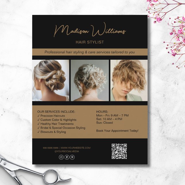 Modern Salon Hair Stylist Services QR Black Gold Flyer (Modern Salon Hair Stylist Services QR Black Gold Flyer)