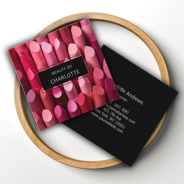 Modern, salon, makeup, beauty, lipstick photo square business card (Creator Uploaded)