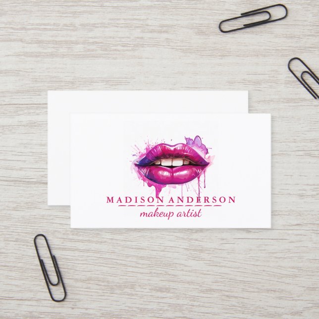Modern Salon Pink Lips Makeup Artist Business Card (Front/Back In Situ)