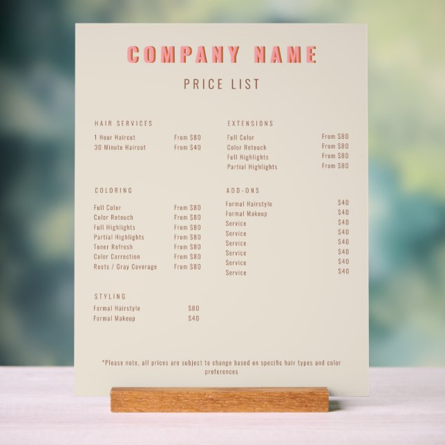 Modern Salon Price List Elegant Pink Beige Acrylic Sign (Neutral)