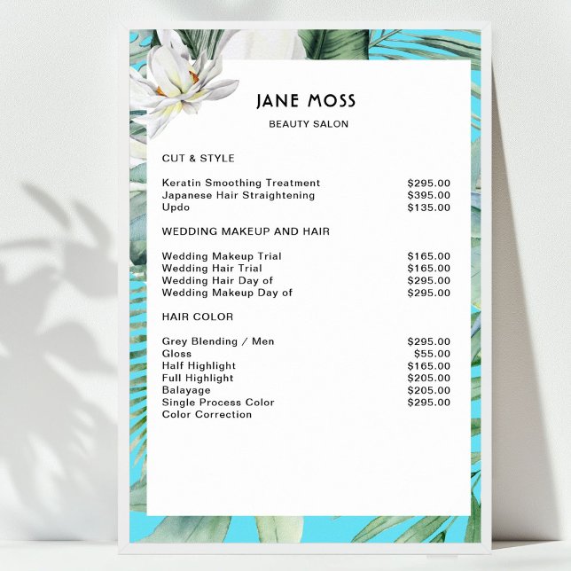 Modern Salon Watercolor Tropical Price List   Poster (Modern Salon Watercolor Tropical Price List Poster)