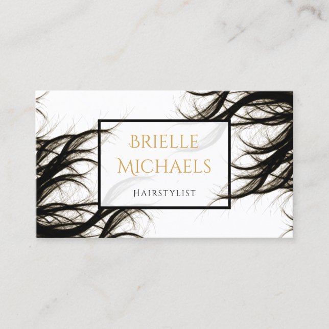 Modern Salon Wavy Hair Black and Gold Hairstylist Business Card (Front)
