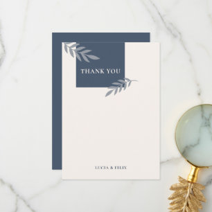 Modern Sample Blue Leaves Blank Wedding Thank You Card