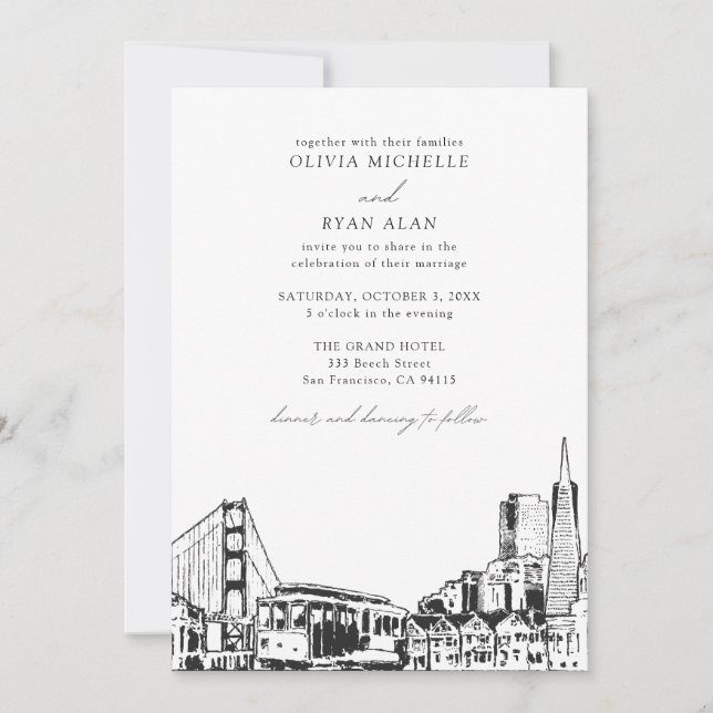 Modern San Francisco Wedding Skyline Black & White Invitation (Front)