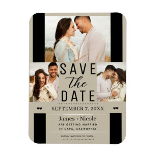 Modern Sand Beige Save the Date 3 Photo Wedding  Magnet