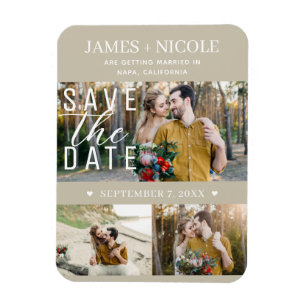 Modern Sand Beige Save the Date Wedding 3 Photos Magnet