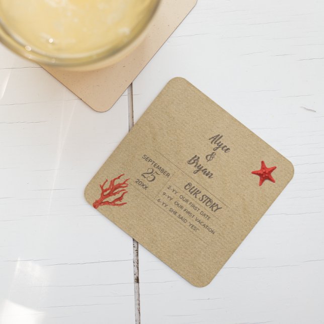 Modern Sand & Coral Personalised Wedding Square Paper Coaster (Creator Uploaded)