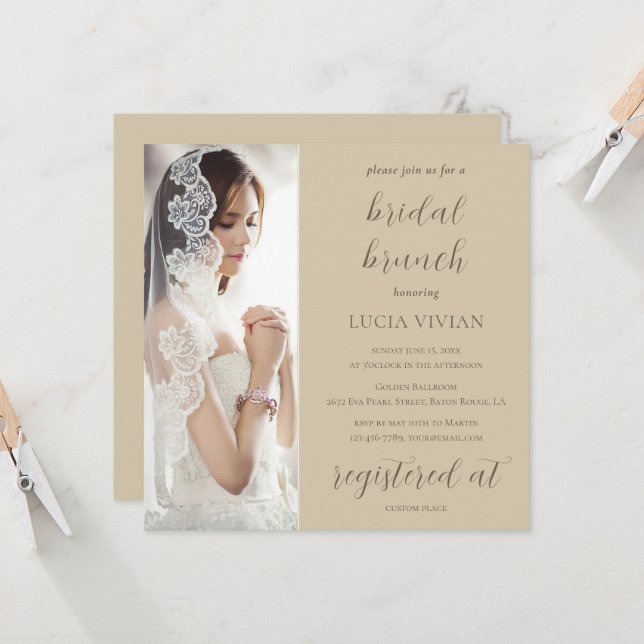 Modern Sand Green Photo Bridal Shower Brunch Invitation (Front/Back In Situ)