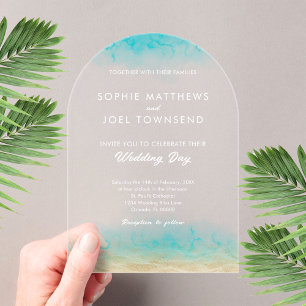 Modern Sand & Sea Teal White Beach Themed Wedding Acrylic Invitations