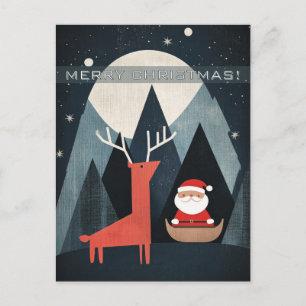 Modern Santa and Elk Illustration Postcard