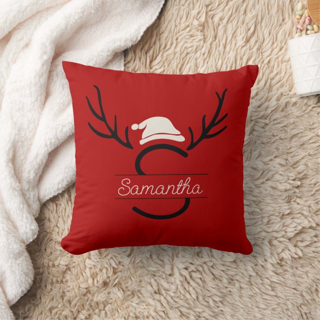 Modern Santa Monogram Antler Christmas Custom Name Cushion (Blanket)