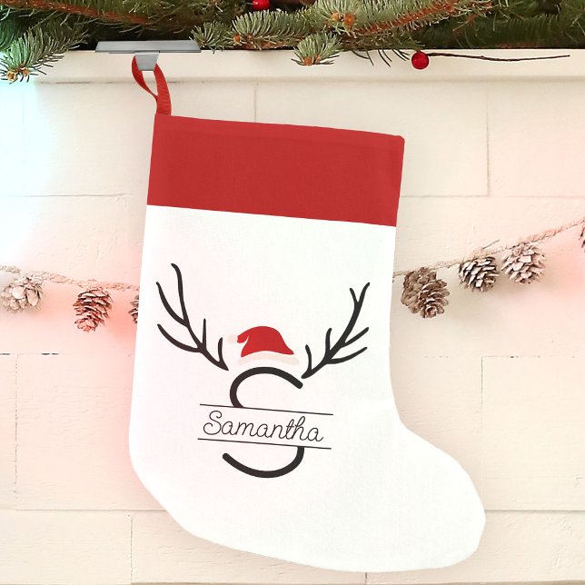 Modern Santa Monogram Antler Christmas Custom Name Small Christmas Stocking (Creator Uploaded)