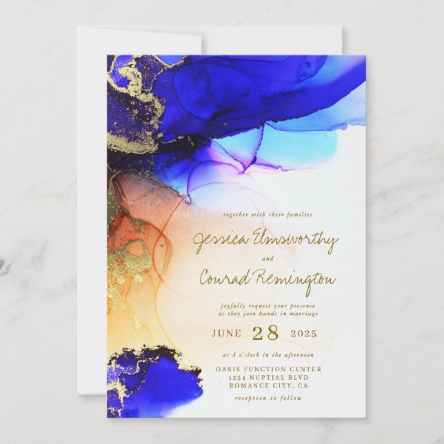 Modern Sapphire Blue Gold Orange Wedding Invitation (Front)