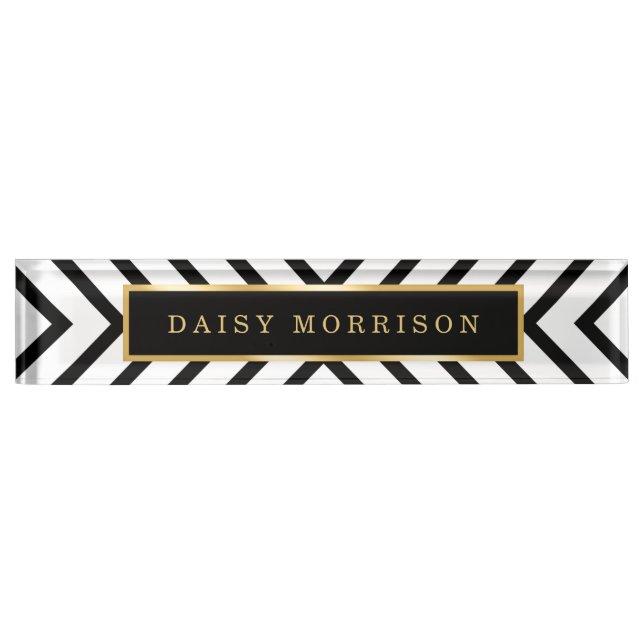 Modern Sassy Gold Black White Stripes Pattern Nameplate (Front)