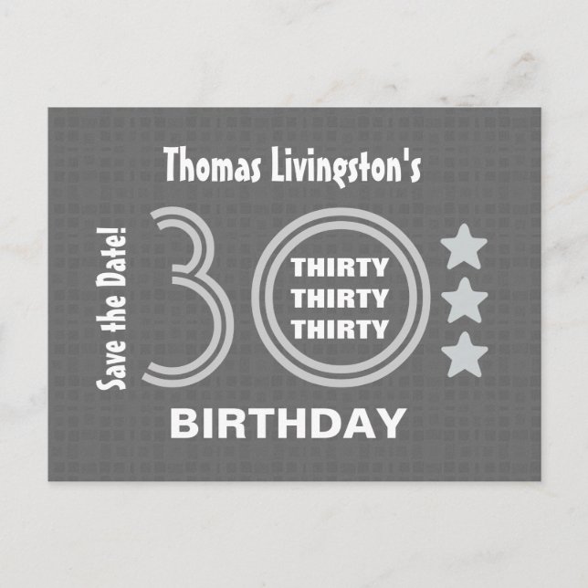 Modern Save the Date 30th Birthday Party V30F Announcement Postcard (Front)