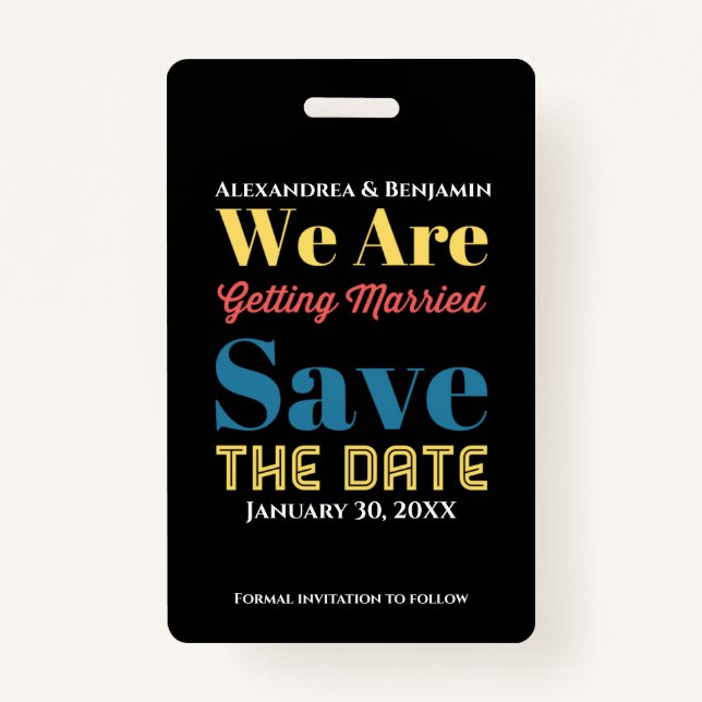 Modern Save The Date Announcement Card ID Badge (Front)