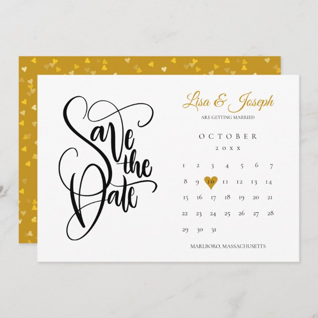 Modern Save the Date Calendar Gold Love Heart Invitation (Front/Back)