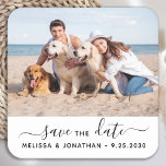 Modern Save The Date Couple Engagement Pet Photo  Square Paper Coaster<br><div class="desc">Add the finishing touch to your dog wedding save the dates with these custom photo, and personalised 'Save The Date' stickers. Customise with your favourite photo, names and date. These pet wedding dog save the date stickers are perfect for engagement party, save the date pet announcement, dog save the date...</div>