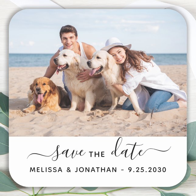 Modern Save The Date Couple Engagement Pet Photo  Square Sticker (Creator Uploaded)