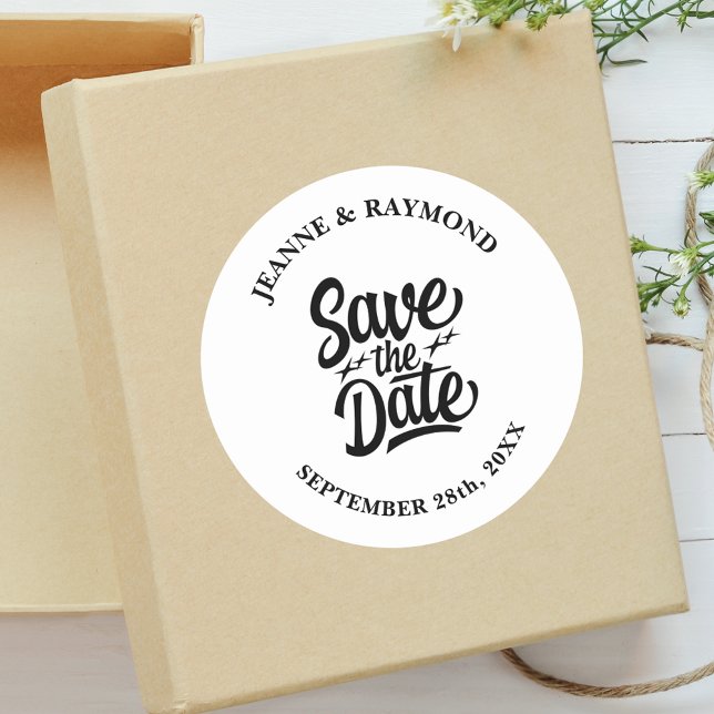 Modern Save The Date Custom Wedding Announcement Classic Round Sticker (Modern save the date sticker adds personalized charm to elegant wedding invitation mailings.)