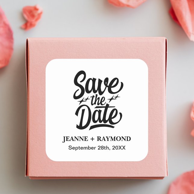Modern Save The Date Custom Wedding Announcement Square Sticker (Modern save the date sticker adds personalized elegance to stylish wedding announcements.)