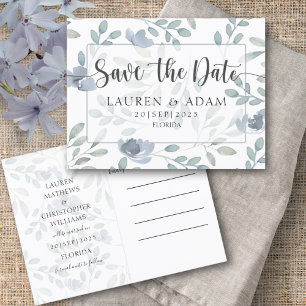 Modern Save the Date Dusty Blue Eucalyptus Floral  Announcement Postcard