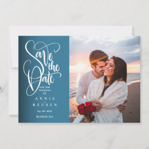 Modern Save the Date Elegant White Script Photo Invitation