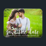 Modern Save The Date Engagement Couple Photo WS Magnet<br><div class="desc">Modern Save The Date Engagement Couple Photo Magnet - White Script</div>
