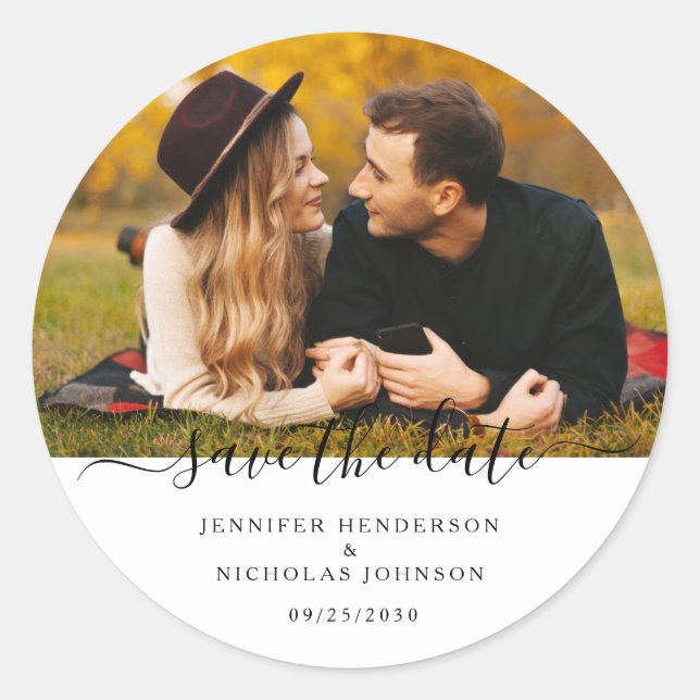 Modern Save The Date Engagement Photo Classic Round Sticker (Front)