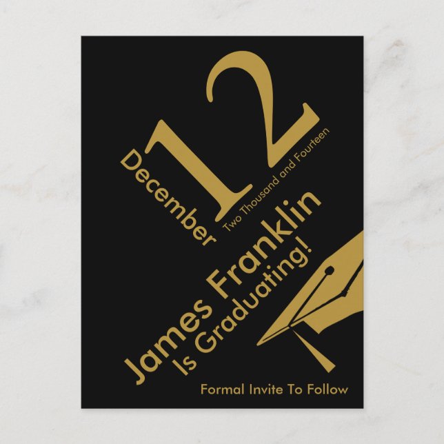 Modern Save The Date Graduation Black and Gold Announcement Postcard (Front)