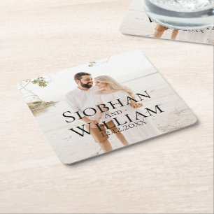 Modern Save The Date Personalised Photo Square Paper Coaster