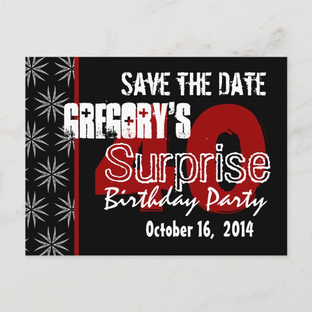 Modern Save the Date Surprise 40th Black Red v14 Announcement Postcard (Front)