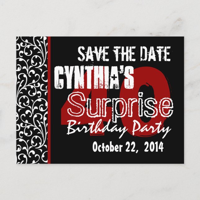 Modern Save the Date Surprise 40th Black Red v51 Announcement Postcard (Front)