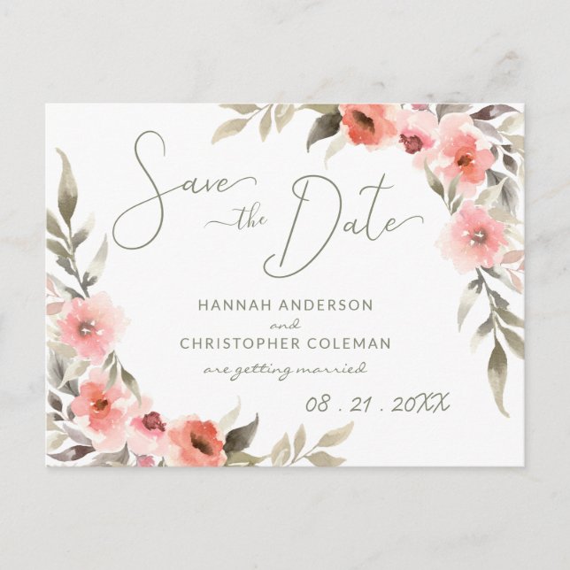 Modern Save the Date Watercolor Blush Rose Wreath Postcard (Front)