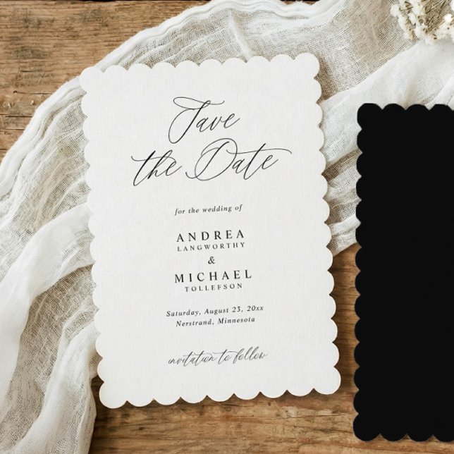 Modern Scalloped Edge Calligraphy Wedding Save The Date (Elegant black and white scalloped wedding save the date card with modern calligraphy.)