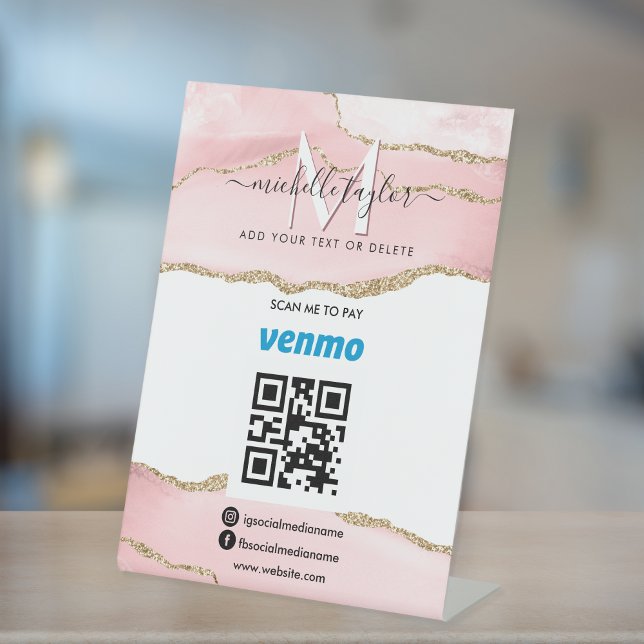 Modern Scan to Pay Venmo QR code Monogram Blush  Pedestal Sign (Creator Uploaded)