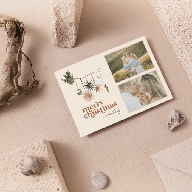 Modern Scandi Boho Neutral Family 2 Photo Merry Holiday Card (Creator Uploaded)