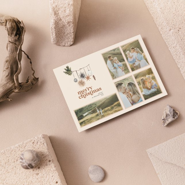 Modern Scandi Boho Neutral Family 5 Photo Merry Holiday Card (Creator Uploaded)