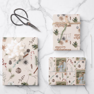 Modern Scandi Boho Neutral Merry Christmas Photo Wrapping Paper Sheet