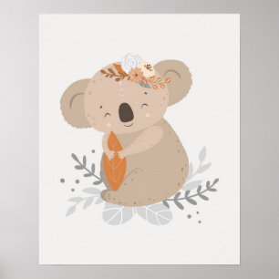 Modern scandi cute Koala with flowers Nursery Poster