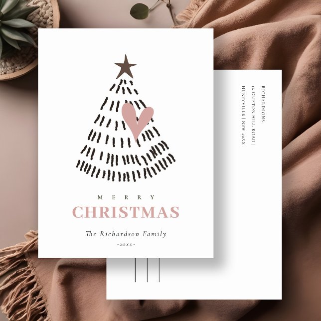 Modern Scandi Minimal Blush Heart Christmas Tree Holiday Postcard (Creator Uploaded)