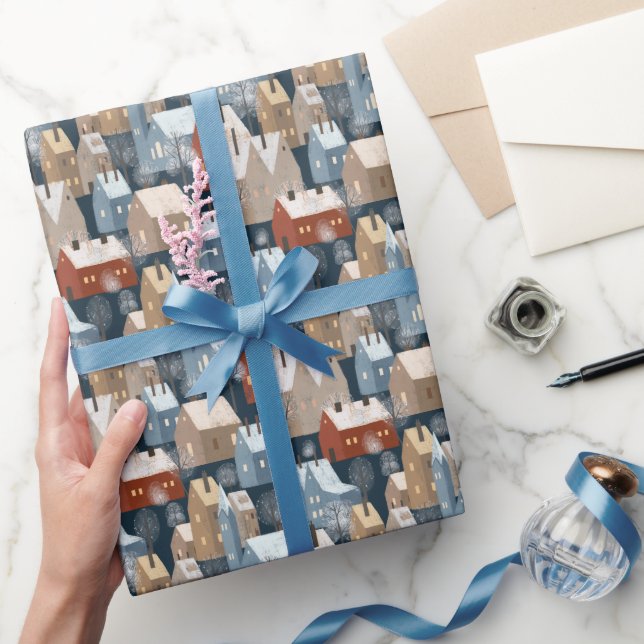 Modern Scandi Winter Town Houses Pattern Blue Red Wrapping Paper (Gifting)
